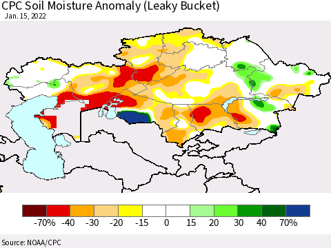 Kazakhstan CPC Soil Moisture Anomaly (Leaky Bucket) Thematic Map For 1/11/2022 - 1/15/2022