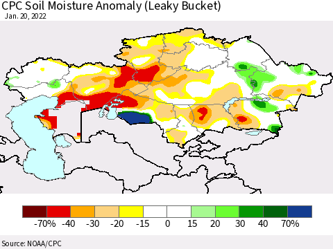 Kazakhstan CPC Soil Moisture Anomaly (Leaky Bucket) Thematic Map For 1/16/2022 - 1/20/2022