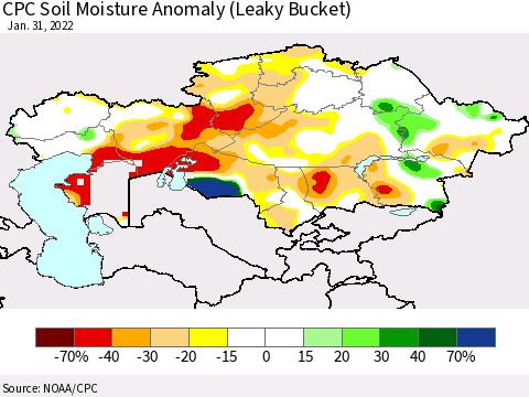 Kazakhstan CPC Soil Moisture Anomaly (Leaky Bucket) Thematic Map For 1/26/2022 - 1/31/2022