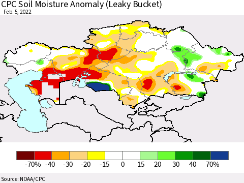 Kazakhstan CPC Soil Moisture Anomaly (Leaky Bucket) Thematic Map For 2/1/2022 - 2/5/2022