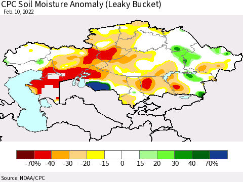 Kazakhstan CPC Soil Moisture Anomaly (Leaky Bucket) Thematic Map For 2/6/2022 - 2/10/2022