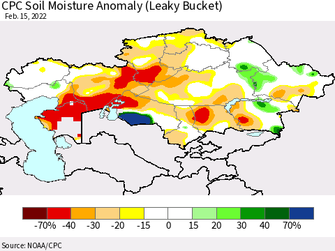Kazakhstan CPC Soil Moisture Anomaly (Leaky Bucket) Thematic Map For 2/11/2022 - 2/15/2022