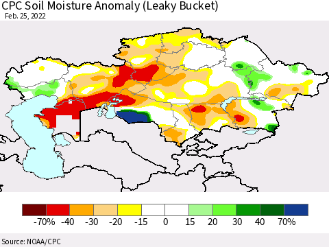 Kazakhstan CPC Soil Moisture Anomaly (Leaky Bucket) Thematic Map For 2/21/2022 - 2/25/2022