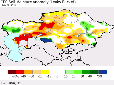 Kazakhstan CPC Soil Moisture Anomaly (Leaky Bucket) Thematic Map For 2/26/2022 - 2/28/2022