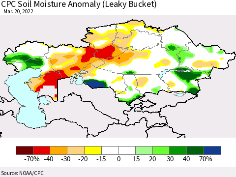 Kazakhstan CPC Soil Moisture Anomaly (Leaky Bucket) Thematic Map For 3/16/2022 - 3/20/2022