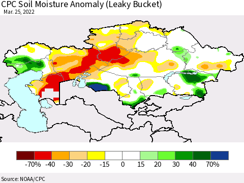 Kazakhstan CPC Soil Moisture Anomaly (Leaky Bucket) Thematic Map For 3/21/2022 - 3/25/2022