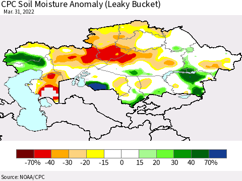 Kazakhstan CPC Soil Moisture Anomaly (Leaky Bucket) Thematic Map For 3/26/2022 - 3/31/2022