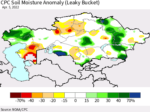 Kazakhstan CPC Soil Moisture Anomaly (Leaky Bucket) Thematic Map For 4/1/2022 - 4/5/2022