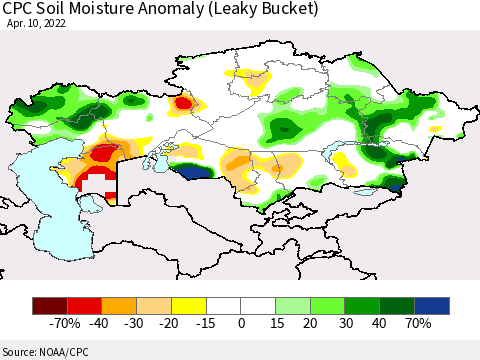 Kazakhstan CPC Soil Moisture Anomaly (Leaky Bucket) Thematic Map For 4/6/2022 - 4/10/2022