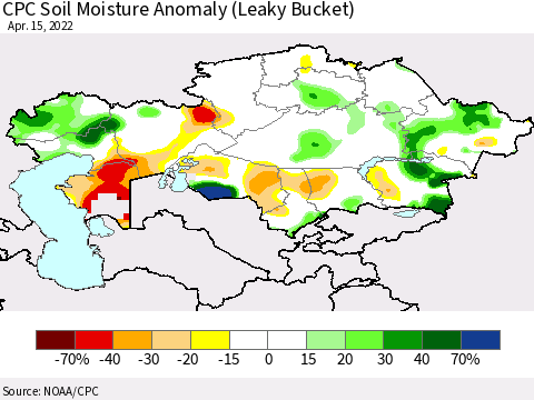 Kazakhstan CPC Soil Moisture Anomaly (Leaky Bucket) Thematic Map For 4/11/2022 - 4/15/2022