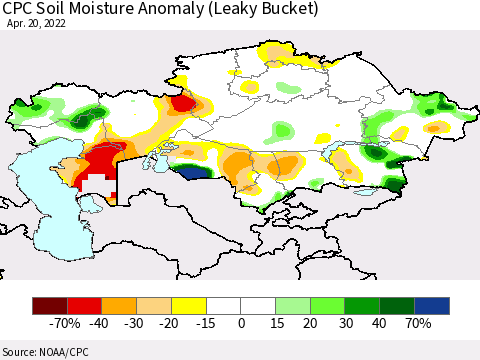 Kazakhstan CPC Soil Moisture Anomaly (Leaky Bucket) Thematic Map For 4/16/2022 - 4/20/2022