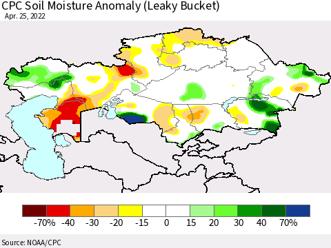 Kazakhstan CPC Soil Moisture Anomaly (Leaky Bucket) Thematic Map For 4/21/2022 - 4/25/2022