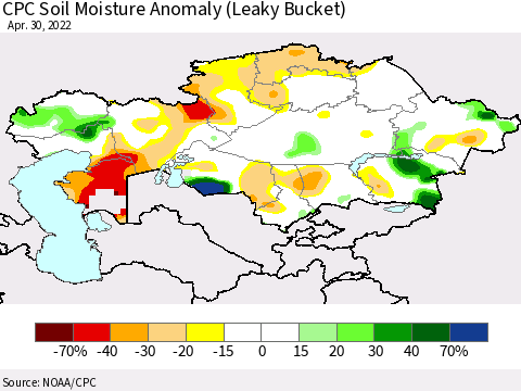 Kazakhstan CPC Soil Moisture Anomaly (Leaky Bucket) Thematic Map For 4/26/2022 - 4/30/2022