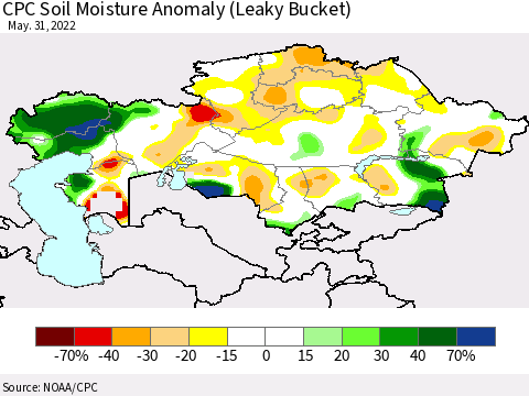 Kazakhstan CPC Soil Moisture Anomaly (Leaky Bucket) Thematic Map For 5/26/2022 - 5/31/2022
