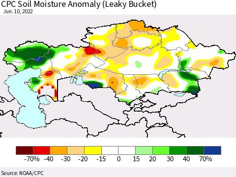Kazakhstan CPC Soil Moisture Anomaly (Leaky Bucket) Thematic Map For 6/6/2022 - 6/10/2022