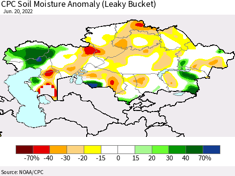 Kazakhstan CPC Soil Moisture Anomaly (Leaky Bucket) Thematic Map For 6/16/2022 - 6/20/2022