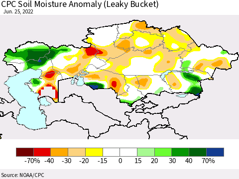 Kazakhstan CPC Soil Moisture Anomaly (Leaky Bucket) Thematic Map For 6/21/2022 - 6/25/2022