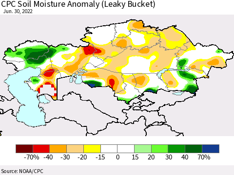 Kazakhstan CPC Soil Moisture Anomaly (Leaky Bucket) Thematic Map For 6/26/2022 - 6/30/2022