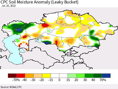Kazakhstan CPC Soil Moisture Anomaly (Leaky Bucket) Thematic Map For 7/6/2022 - 7/10/2022