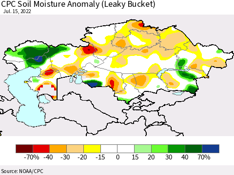 Kazakhstan CPC Soil Moisture Anomaly (Leaky Bucket) Thematic Map For 7/11/2022 - 7/15/2022