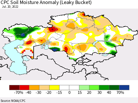 Kazakhstan CPC Soil Moisture Anomaly (Leaky Bucket) Thematic Map For 7/16/2022 - 7/20/2022
