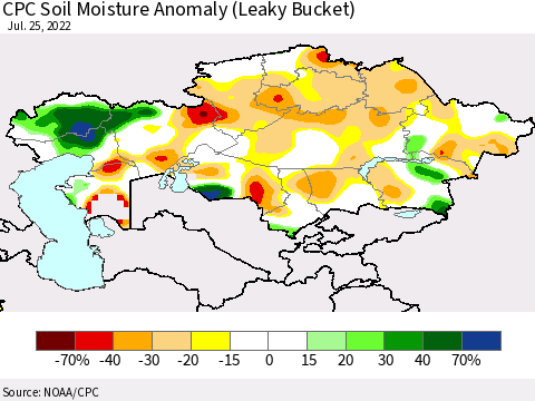 Kazakhstan CPC Soil Moisture Anomaly (Leaky Bucket) Thematic Map For 7/21/2022 - 7/25/2022