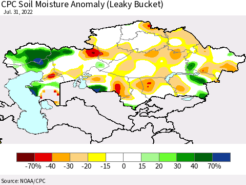 Kazakhstan CPC Soil Moisture Anomaly (Leaky Bucket) Thematic Map For 7/26/2022 - 7/31/2022