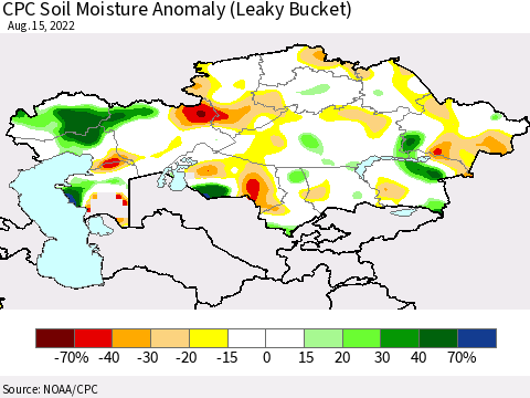 Kazakhstan CPC Soil Moisture Anomaly (Leaky Bucket) Thematic Map For 8/11/2022 - 8/15/2022