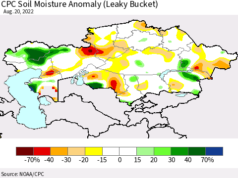 Kazakhstan CPC Soil Moisture Anomaly (Leaky Bucket) Thematic Map For 8/16/2022 - 8/20/2022