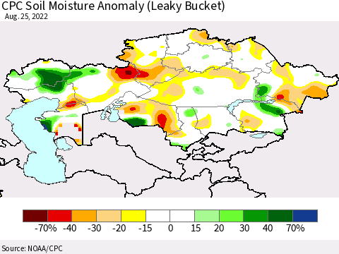 Kazakhstan CPC Soil Moisture Anomaly (Leaky Bucket) Thematic Map For 8/21/2022 - 8/25/2022