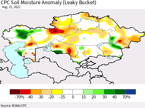 Kazakhstan CPC Soil Moisture Anomaly (Leaky Bucket) Thematic Map For 8/26/2022 - 8/31/2022