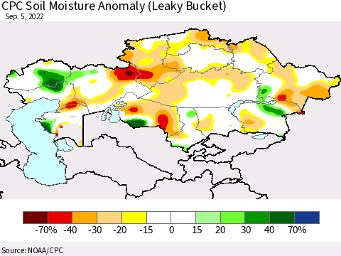 Kazakhstan CPC Soil Moisture Anomaly (Leaky Bucket) Thematic Map For 9/1/2022 - 9/5/2022