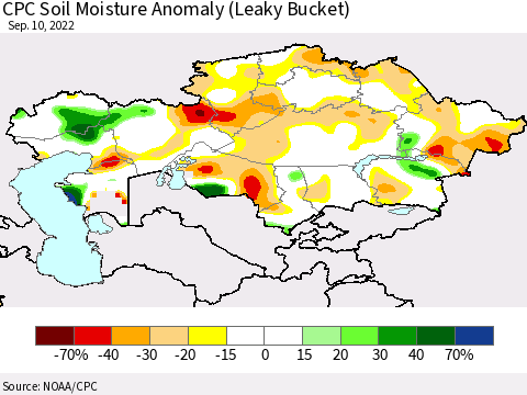 Kazakhstan CPC Soil Moisture Anomaly (Leaky Bucket) Thematic Map For 9/6/2022 - 9/10/2022