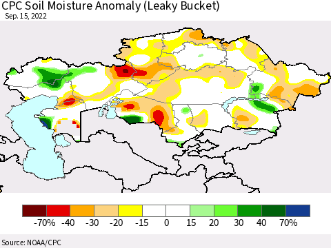 Kazakhstan CPC Soil Moisture Anomaly (Leaky Bucket) Thematic Map For 9/11/2022 - 9/15/2022