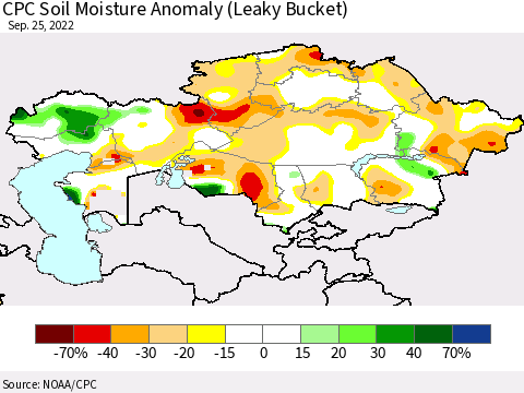 Kazakhstan CPC Soil Moisture Anomaly (Leaky Bucket) Thematic Map For 9/21/2022 - 9/25/2022