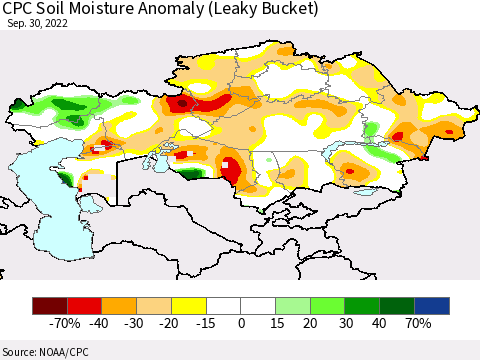Kazakhstan CPC Soil Moisture Anomaly (Leaky Bucket) Thematic Map For 9/26/2022 - 9/30/2022