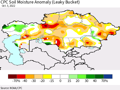 Kazakhstan CPC Soil Moisture Anomaly (Leaky Bucket) Thematic Map For 10/1/2022 - 10/5/2022
