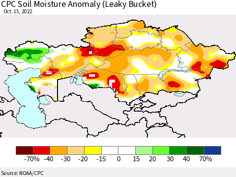 Kazakhstan CPC Soil Moisture Anomaly (Leaky Bucket) Thematic Map For 10/11/2022 - 10/15/2022