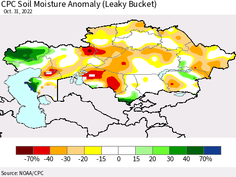 Kazakhstan CPC Soil Moisture Anomaly (Leaky Bucket) Thematic Map For 10/26/2022 - 10/31/2022