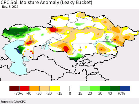 Kazakhstan CPC Soil Moisture Anomaly (Leaky Bucket) Thematic Map For 11/1/2022 - 11/5/2022