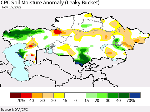 Kazakhstan CPC Soil Moisture Anomaly (Leaky Bucket) Thematic Map For 11/11/2022 - 11/15/2022
