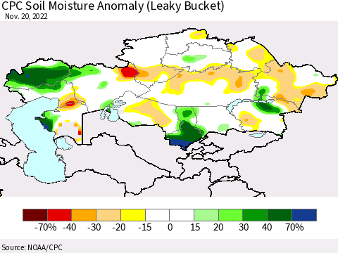 Kazakhstan CPC Soil Moisture Anomaly (Leaky Bucket) Thematic Map For 11/16/2022 - 11/20/2022