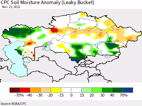 Kazakhstan CPC Soil Moisture Anomaly (Leaky Bucket) Thematic Map For 11/21/2022 - 11/25/2022