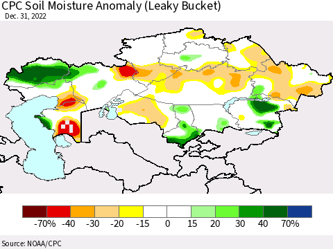 Kazakhstan CPC Soil Moisture Anomaly (Leaky Bucket) Thematic Map For 12/26/2022 - 12/31/2022
