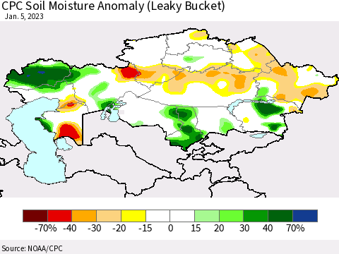 Kazakhstan CPC Soil Moisture Anomaly (Leaky Bucket) Thematic Map For 1/1/2023 - 1/5/2023