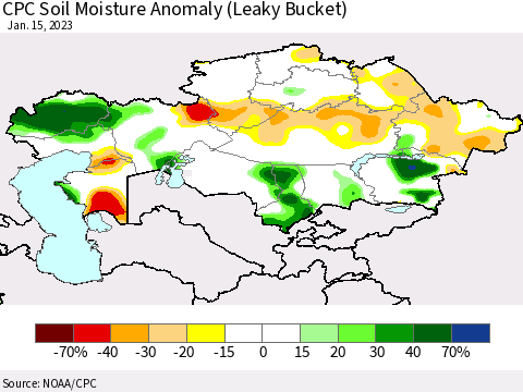 Kazakhstan CPC Soil Moisture Anomaly (Leaky Bucket) Thematic Map For 1/11/2023 - 1/15/2023
