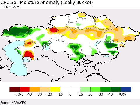 Kazakhstan CPC Soil Moisture Anomaly (Leaky Bucket) Thematic Map For 1/16/2023 - 1/20/2023