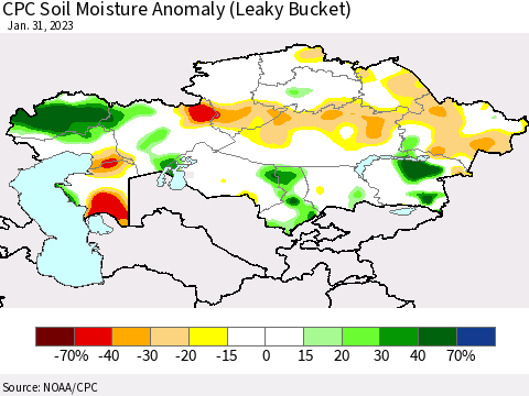 Kazakhstan CPC Soil Moisture Anomaly (Leaky Bucket) Thematic Map For 1/26/2023 - 1/31/2023