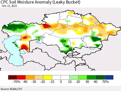 Kazakhstan CPC Soil Moisture Anomaly (Leaky Bucket) Thematic Map For 2/11/2023 - 2/15/2023