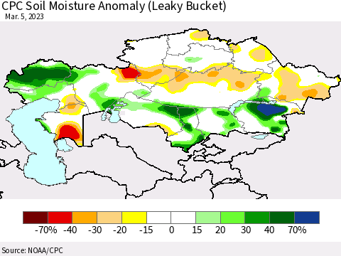 Kazakhstan CPC Soil Moisture Anomaly (Leaky Bucket) Thematic Map For 3/1/2023 - 3/5/2023